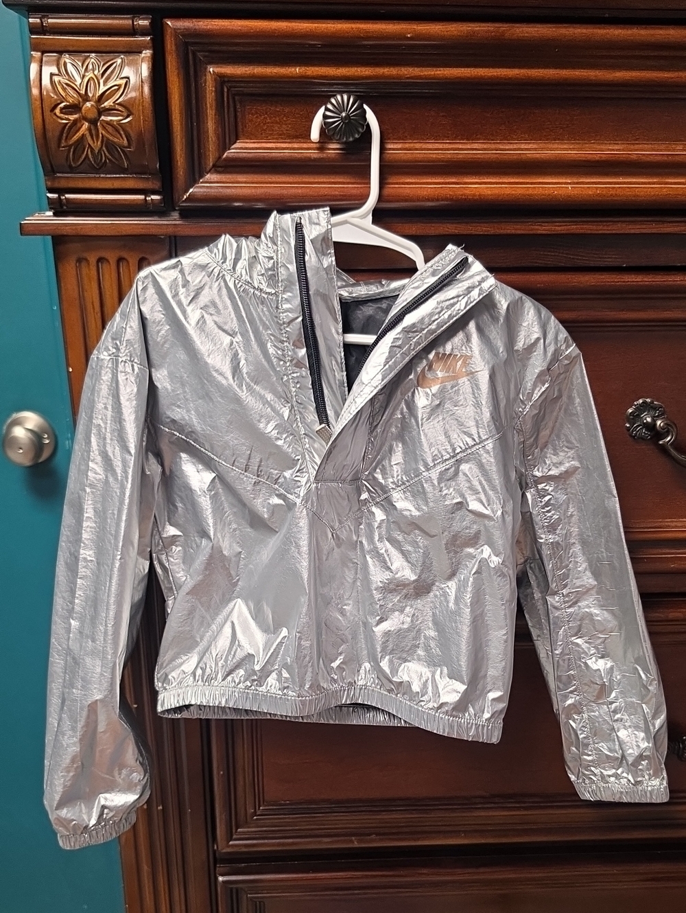 Nike Kids Silver Metallic Hooded Rain Jacket